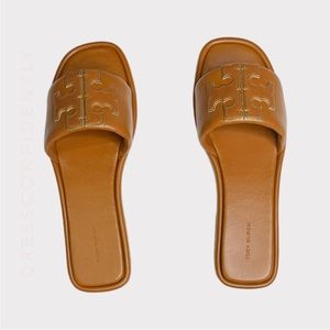 Tory Burch Double-T Monogram Padded Leather Slide Sandals Size 10
